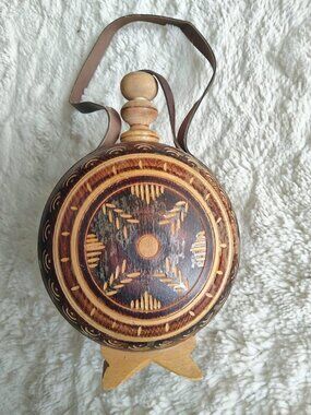 Vintage Hand Carved Wooden Flask Canteen Ploska Folk Art Wine Water Bottle